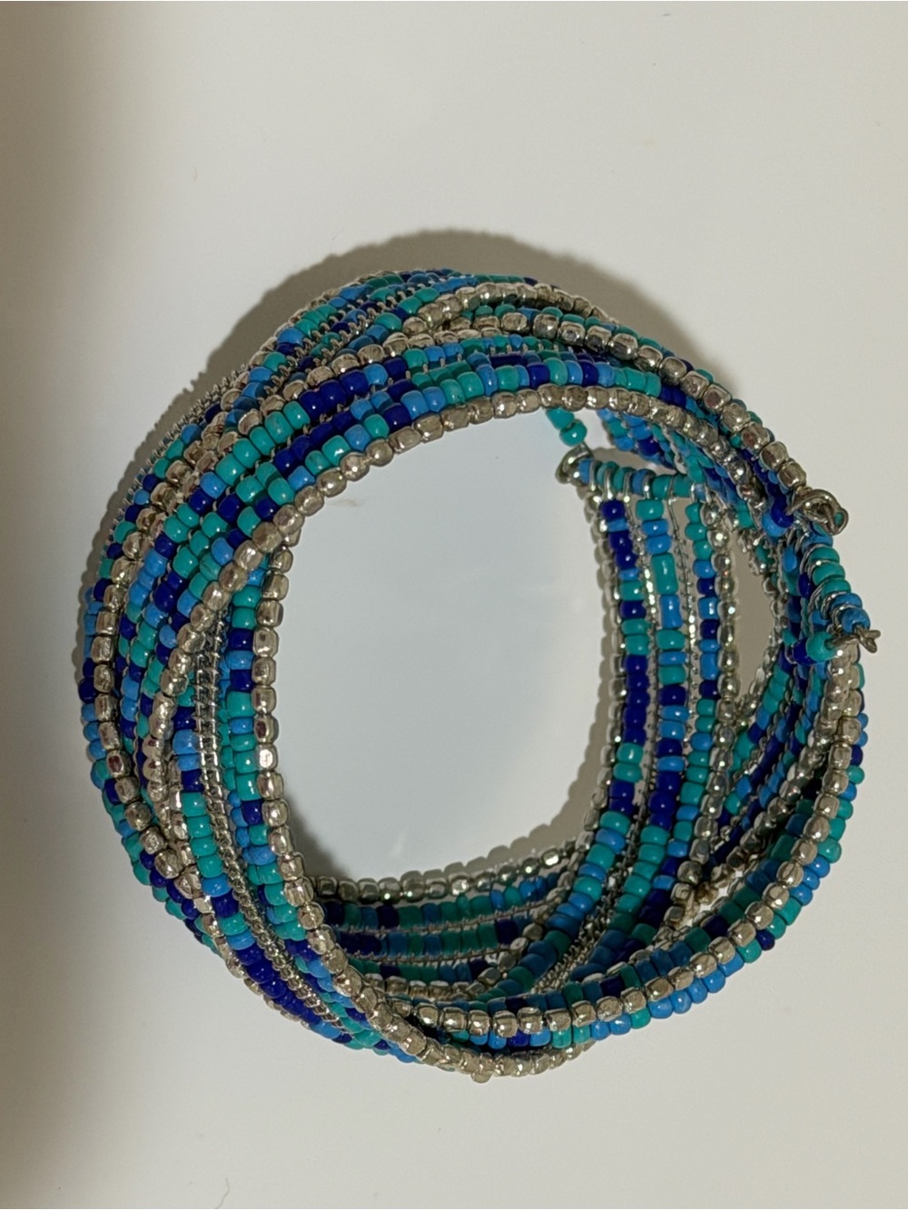 Beaded Wrap Bracelet in Teal & Blue with Silver Accents
